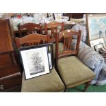 SET OF FOUR RED WALNUT DINNING CHAIRS WITH GREEN UPHOLSTERED SEATS