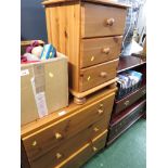 COMPOSITE PINE BEDROOM CHEST OF THREE DRAWERS, AND A BEDSIDE CHEST OF THREE DRAWERS