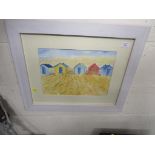 WATERCOLOUR OF BEACH HUTS FRAMED AND GLAZED
