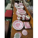 MASONS VISTA TUREEN AND OTHER PINK TRANSFER DECORATED DINNER WARE INCLUDING BROADHURSTS AND