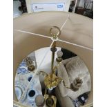 BRASS FOUR-BRANCH STANDARD LAMP WITH A CREAM CYLINDRICAL SHADE (NEEDS REWIRING)