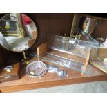 GLASS BOOK TROUGH, TABLEWARE, MIRRORS, WOODEN CIGARETTE BOX AND OTHER ITEMS (ONE SHELF)