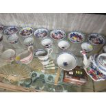 ONE SHELF OF VARIOUS PORCELAIN TEA BOWLS AND SAUCERS, TOGETHER WITH TEAPOT AND JUGS
