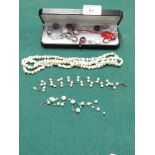 TWO NECKLACES OF FRESH WATER PEARLS AND DROPS WITH CASE, AND VENETIAN BEAD NECKLACE