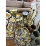 PENDANT LIGHT SHADES, BRASS CANDLE STICKS, METAL WARE, ANEROID BAROMETER AND CLOCKS