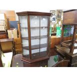 WALL MOUNTING MAHOGANY DISPLAY CABINET WITH TWO GLAZED DOORS AND THREE SHELVES WITHIN