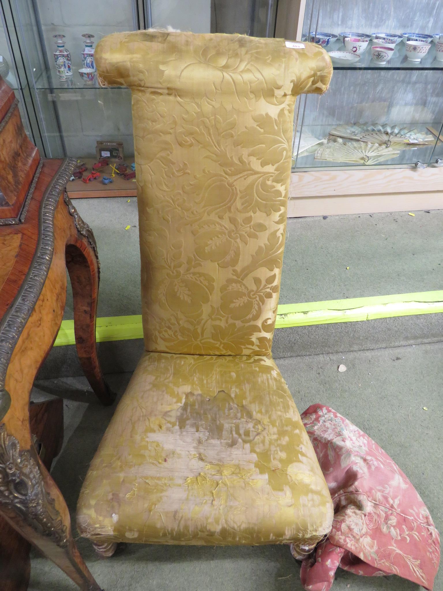 VICTORIAN PRIDEAUX CHAIR WITH PROBABLY THE ORIGINAL PALE YELLOW SATIN UPHOLSTERY (WITH A SET OF MORE