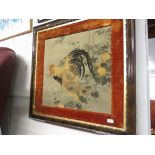 LARGE FAR EASTERN STYLE FABRIC PRINT OF HEN AND COCKEREL IN A WALNUT EFFECT FRAME WITH GILT BORDER