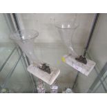 PAIR OF ETCHED GLASS EPERGNES WITH RAMS HEAD TERMINALS AND MARBLE PLINTHS