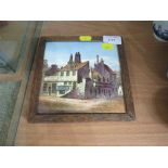 HAND-PAINTED TILE DEPICTING STREET SCENE IN A WOODEN FRAME