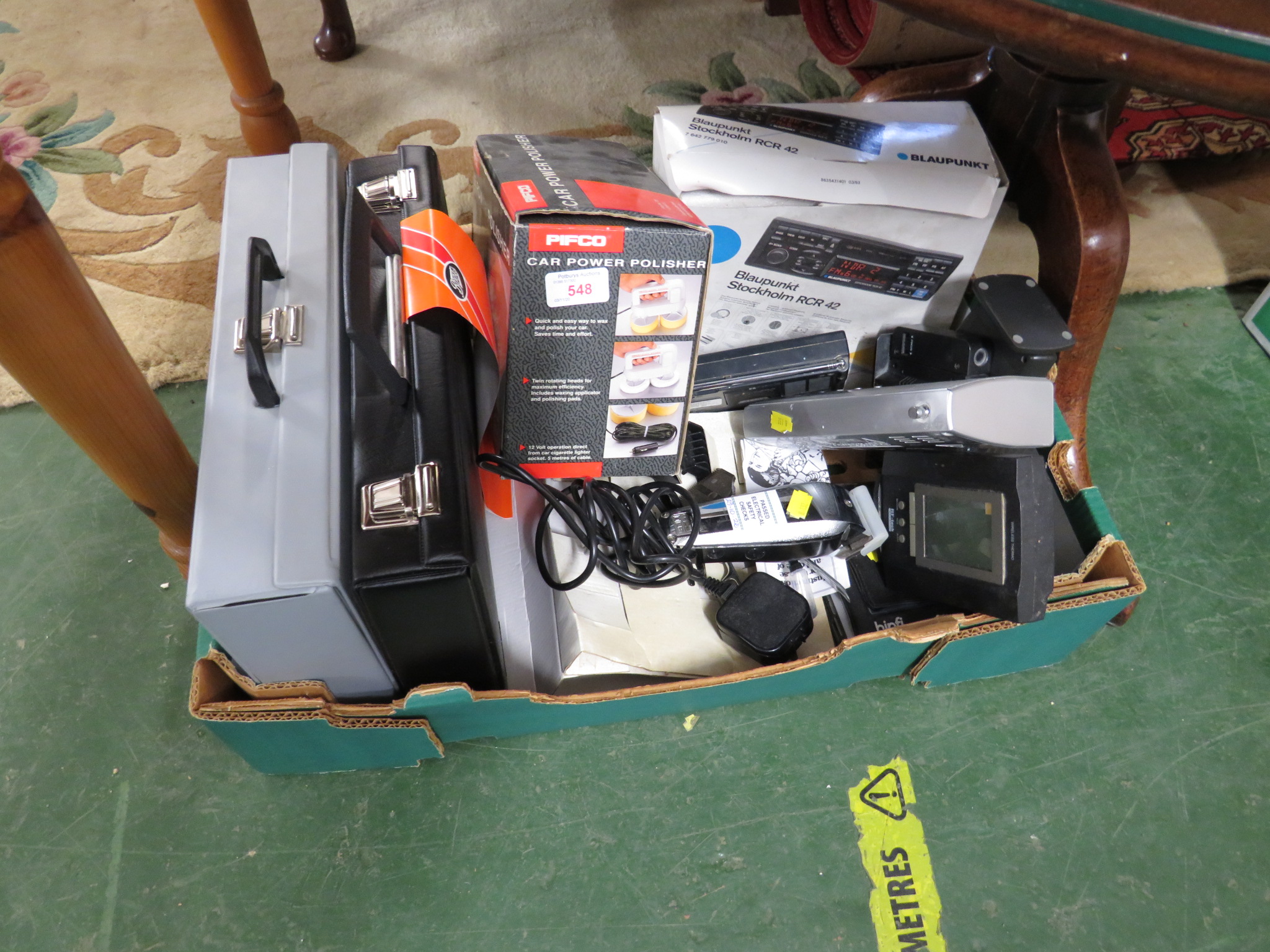 ELECTRIC HAIR CLIPPERS, CAR RADIO, POLISHER, OTHER RADIOS AND SLIDE CASES (CONTENTS OF BOX)