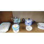 SIX PIECES DECORATIVE CERAMICS INCLUDING TEAPOTS AND PIERCED FLORAL BASKETS AND TRAY (ALL A/F)
