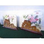 PAIR OF MINIATURE CHINESE STYLE TABLE SCREENS, THE STONE PANELS PAINTED WITH FLOWERS, THE WOODEN