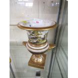 CONTINENTAL PORCELAIN CAMPAGNA URN ON STAND WITH HAND-PAINTED LANDSCAPE PANORAMA , GILT MASK