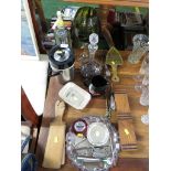 TOLCHARD SODA SYPHON, DECANTER, BRASS TRIVET, WOODEN PEN BOX, BUTTER PATS AND METAL WARE