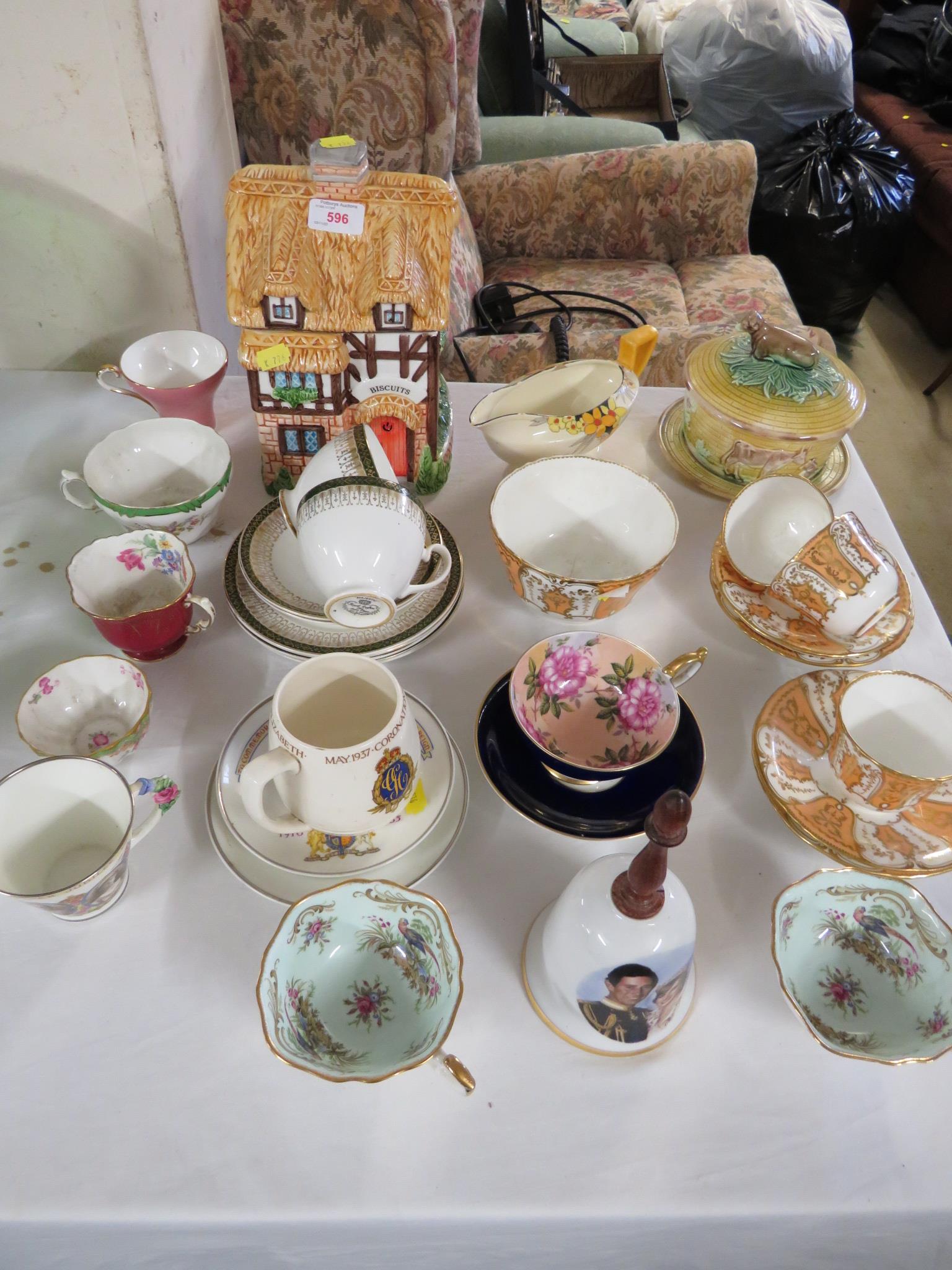 COTTAGE BISCUIT JAR, AYNSLEY CUP AND SAUCER, A MAJOLICA BUTTER DISH AND OTHER ASSORTED CHINA