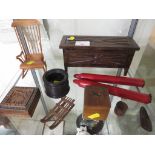 ONE SHELF OF TREEN ITEMS INCLUDING MINIATURE OAK COPPER