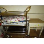THREE TIER TEA TROLLEY, FOLDING IRONING BOARD, CHROME STAND AND HOUSEHOLD TEXTILES