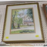 WATERCOLOUR OF CHURCH SIGNED MARY MATTHEWS FRAMED AND GLAZED
