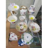 SMALL SELECTION OF MINIATURE DECORATIVE PORCELAIN INCLUDING CUP AND SAUCER, FLORAL ENCRUSTED DISH