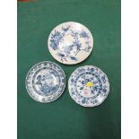 TWO CHINESE PORCELAIN PLATES HAND PAINTED WITH FLOWERS AND LANDSCAPE SCENE, AND A BLUE AND WHITE