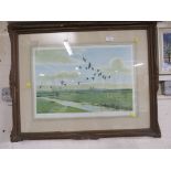 FRAMED AND GLAZED PRINT OF A GEESE IN FLIGHT, AFTER PETER SCOTT, SIGNED IN PENCIL