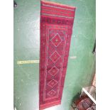 RED AND BLUE MESHWANI RUNNER WITH FIVE LOZENGES 246CM x 64CM