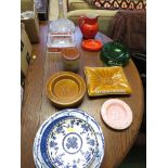 SHIPS DECANTER, HAIG WATER JUG AND ASH TRAY, OTHER BRANDED ASH TRAYS AND CHINA PLATES