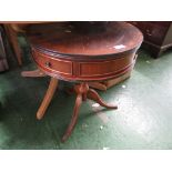 MAHOGANY VENEER REPRODUCTION OCCASIONAL TABLE WITH GLASS TOP ON TRIPOD FOOT