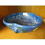 BLUE GLAZED DEVON POTTERY BOWL WITH CAT MASKS HEADS