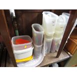 TWO SHELVES OF PLASTIC KITCHEN STORAGE BOXES