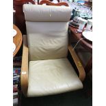 STUDIO ARMCHAIR WITH A LIGHT BENTWOOD FRAME, CREAM LEATHER UPHOLSTERY AND MATCHING FOOT STOOL