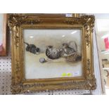 A WATERCOLOUR OF KITTENS AT PLAY SIGNED AND DATED LM BUESNEL 1907, IN A GILT FRAME