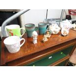 TEAPOT, MUGS AND DECORATIVE ORNAMENTS (ONE SHELF)