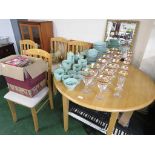 BEECH DROP-LEAF KITCHEN TABLE TOGETHER WITH FOUR CHAIRS WITH UPHOLSTERED SEAT PADS