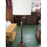 MAHOGANY BALUSTER TURNED STANDARD LAMP WITH A CREAM SHADE