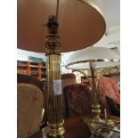 BRASS CLASSICAL COLUMN TABLE LAMP WITH CREAM SHADE, AND BRASS TABLE LAMP WITH A MOUDLED OPAQUE GLASS