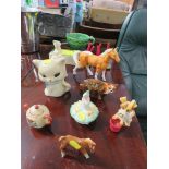 MINIATURE CHINA CANDLE HOLDERS, A LARGE POTTERY CUP, AND OTHER DECORATIVE CHINA