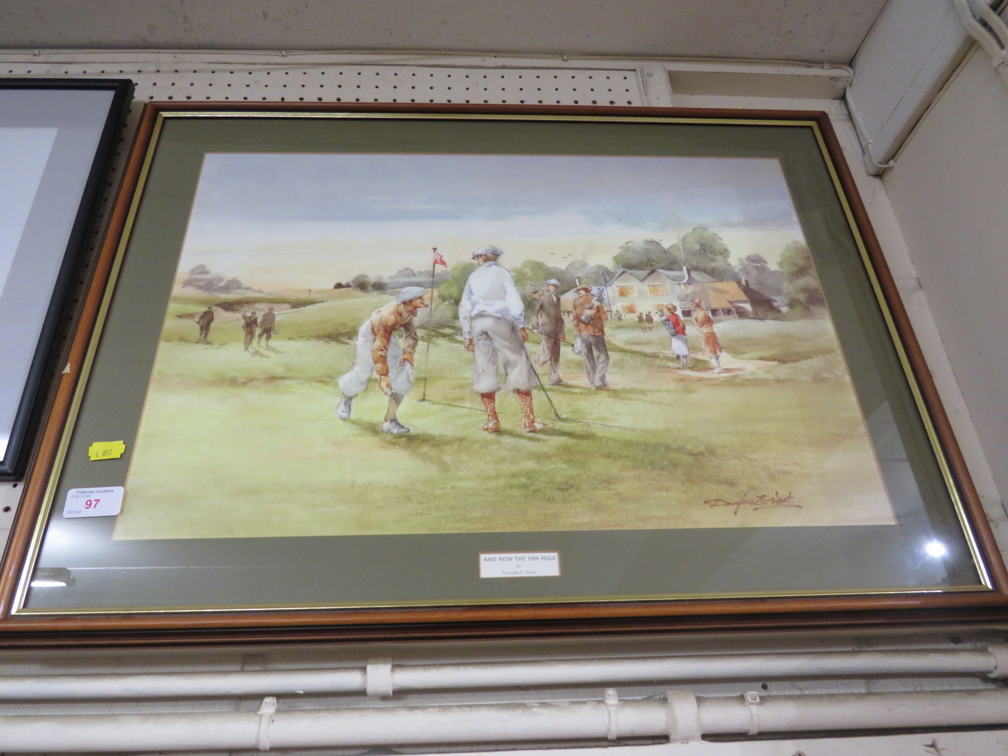 FRAMED AND GLAZED COLOURED PRINT AFTER DOUGLAS E WEST TITLED 'AND NOW THE NINETEENTH HOLE'