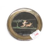 SMALL CIRCULAR SILVER CLAD PICTURE FRAME WITH SIGNED PAINTING OF CHERUB IN CHARIOT DRAWN BY DEER