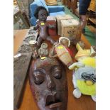 VINTAGE ITEMS AND HOMEWARE INCLUDING BOSSONS WALL PLAQUES, CHILDREN'S DOLL, TOURIST WARE MASK, ETC