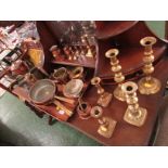 SELECTION OF BRASS AND COPPER WARE INCLUDING LARGE TRAY, KETTLE ON STAND, CANDLESTICKS, ETC