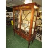 LARGE REPRODUCTION MAHOGANY CHINA DISPLAY CABINET, TWO GEOMETRICALLY GLAZED DOORS WITH THREE