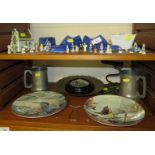 PAIR OF PEWTER TANKARDS, WEDGWOOD DISPLAY PLATES, MINIATURE CERAMIC FIGURES AND OTHER CHINA ITEMS (