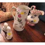 TWO FLORAL CHINA JUGS AND A PAIR OF MINIATURE BESWICK SPANIELS