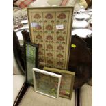 THREE FRAMED AND GLAZED NEEDLEWORKS, FRAMED PRINT AND MAHOGANY TABLE TOP