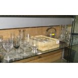 ONE SHELF OF ASSORTED WINE AND BEER GLASSES, RIBBED GLASS BOWL, AND A SMALL QUANTITY OF CHINA