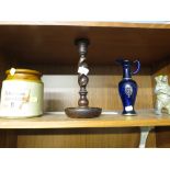 ROBERTSONS MINCEMEAT STONEWARE JAR, TURNED WOODEN CANDLESTICK, AVON BLUE GLASS SCENT BOTTLE, AND A