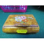BURR WALNUT BOX WITH HINGED LID PAINTED WITH FLOWERS