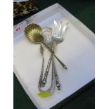 FRENCH WHITE METAL SPIRAL HANDLED SPOON AND FORK, TONGS WITH FLUTED DECORATION, AND A DECORATIVE